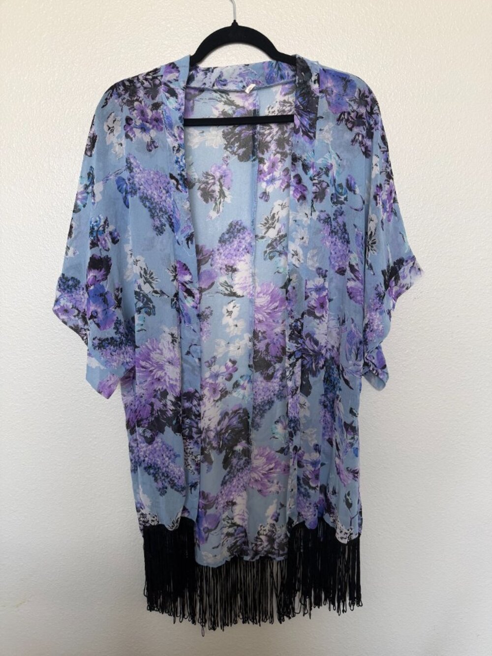 Sheer Lavender Floral Fringe Kimono Cardigan Duster | Boho Whimsigoth Fairy Cove